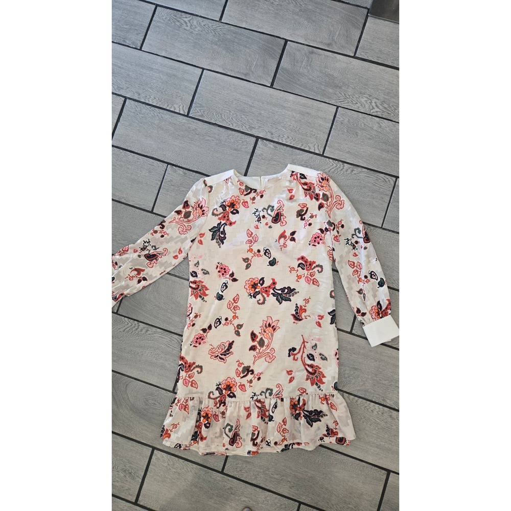 Tory Burch Cream Floral Devore Burnout Ruffle Mini Dress Size 8 Long Sleeve